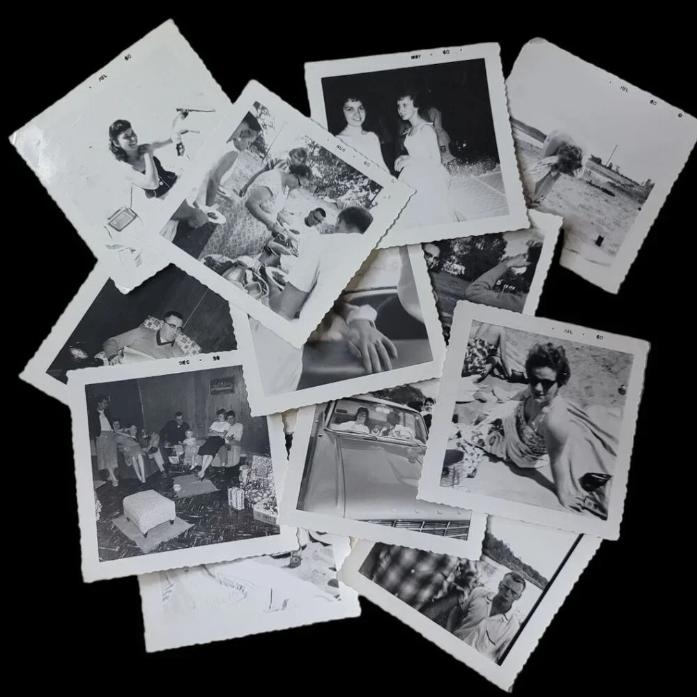 Vintage Photograph Lot of 12 Black and White Pictures 1960 Beach Car Scalloped E